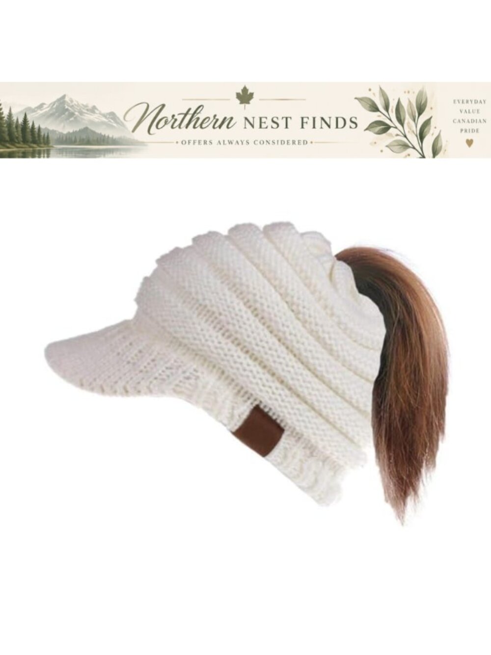 Ponytail Beanie with Visor, Acrylic Knit Toque, One Size, Hands-Free Bun